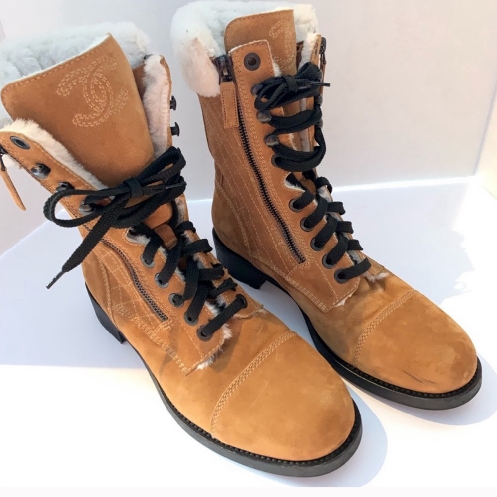 Chanel suede shearing combat boots rare